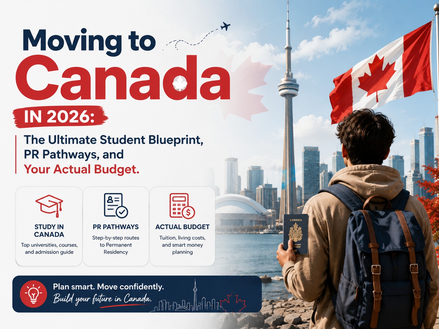 Promotional study abroad poster by CSES Immigration, Ludhiana, featuring the headline Moving to Canada in 2026 with a focus on student immigration, PR pathways, and budget planning. The design includes a student with a backpack holding a passport while overlooking the Toronto skyline with the CN Tower and a Canadian flag. Three information cards highlight Study in Canada, PR Pathways, and Actual Budget for tuition, living expenses, and financial planning. A call-to-action banner at the bottom reads, "Plan smart. Move confidently. Build your future in Canada. The poster promotes expert guidance from CSES Immigration, Ludhiana, helping students with Canadian university admissions, study permits, PR planning, and visa consultation.